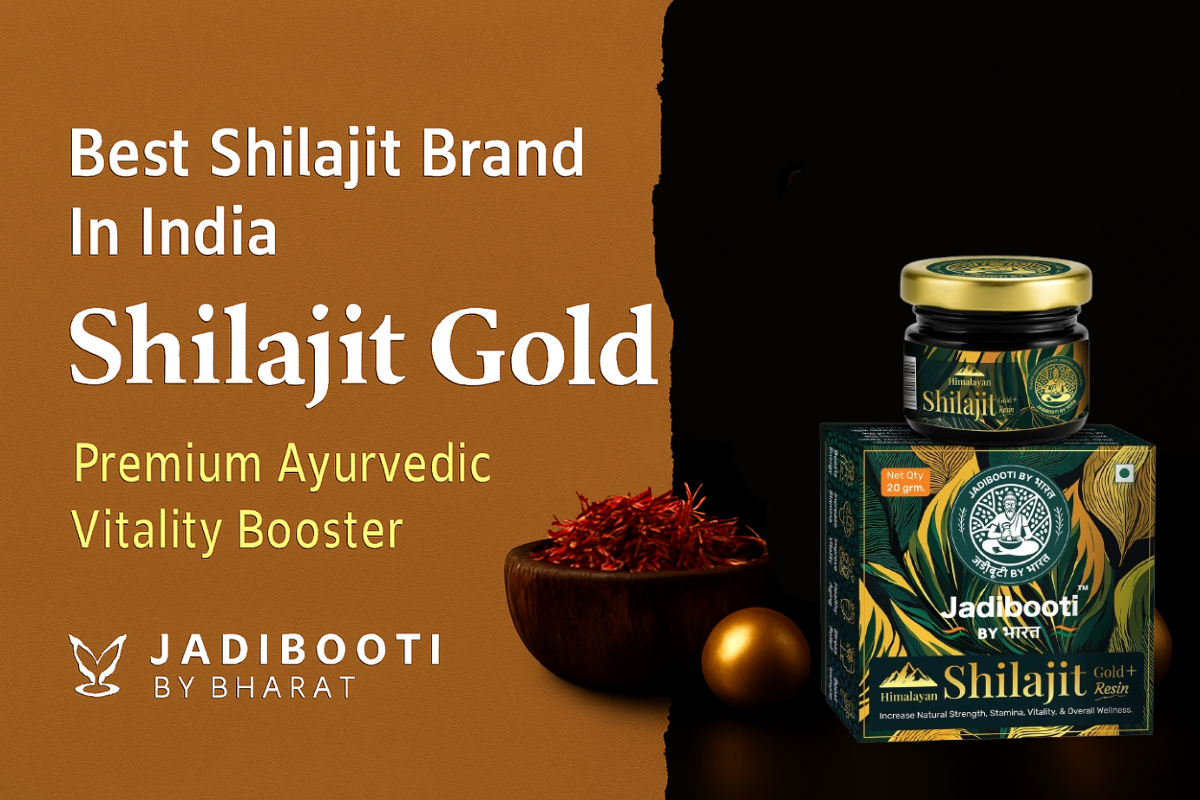 Promotional banner for Shilajit Gold by Jadibooti by Bharat, featuring saffron threads in a wooden bowl and a golden sphere on a warm brown background with Ayurvedic branding.